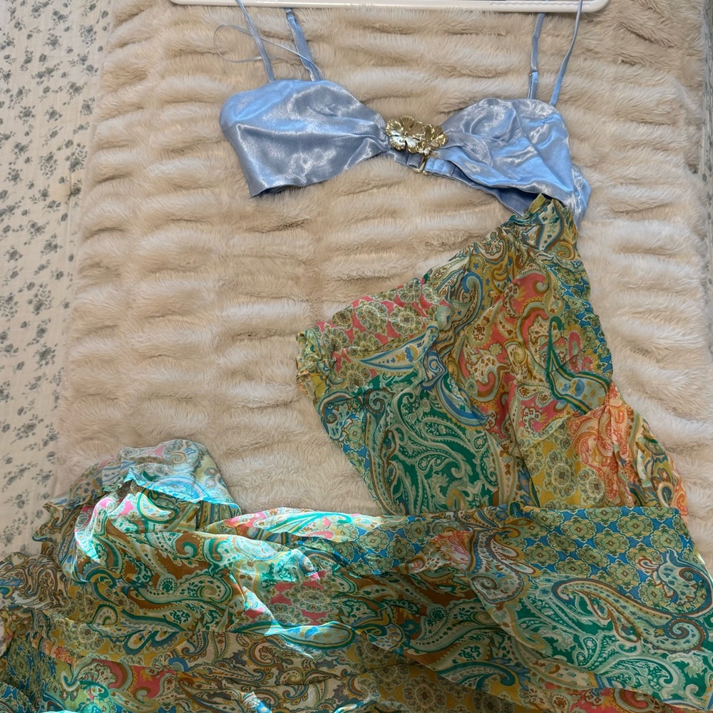 Elegant Blue and Multicolor Paisley Dress